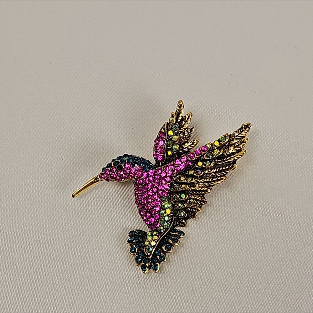 Hummingbird Brooch Pendant Purple Blue Rhinestone Gold Tone Convertible